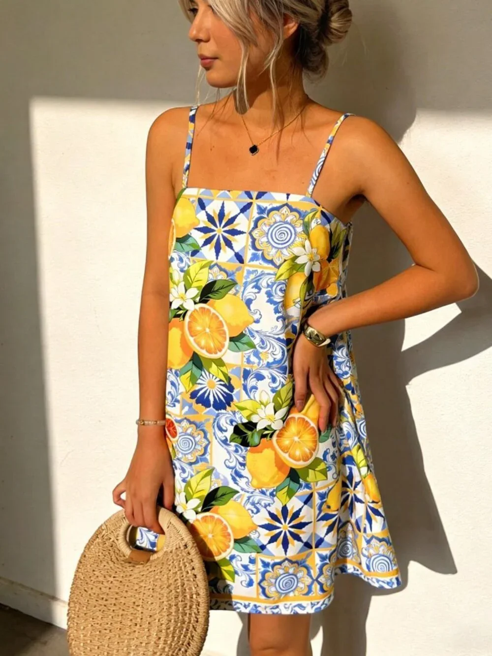 Multicolor Boho Women's Casual Lemon Flower Print Mini Dress